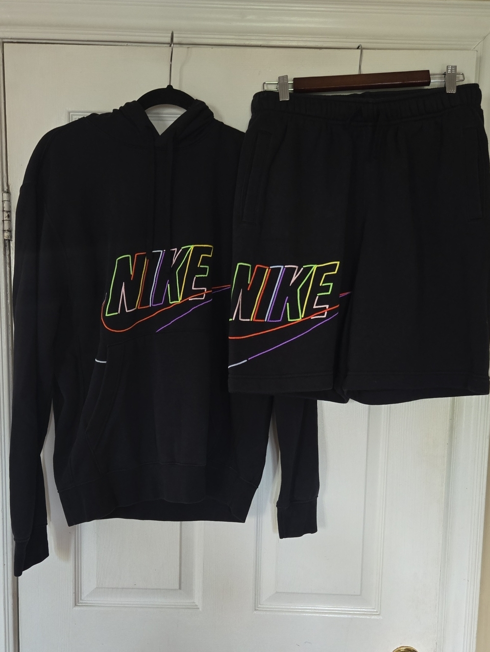 Nike Black Hoodie with Neon Multicolor Outline Logo With Matching Shorts